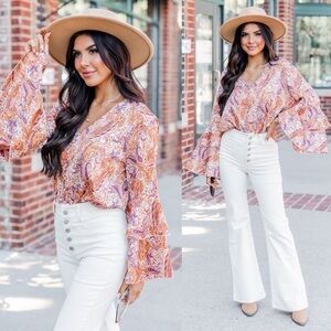 Pink Lily Win My Heart Orange and Purple Paisley Bell Sleeve Bodysuit